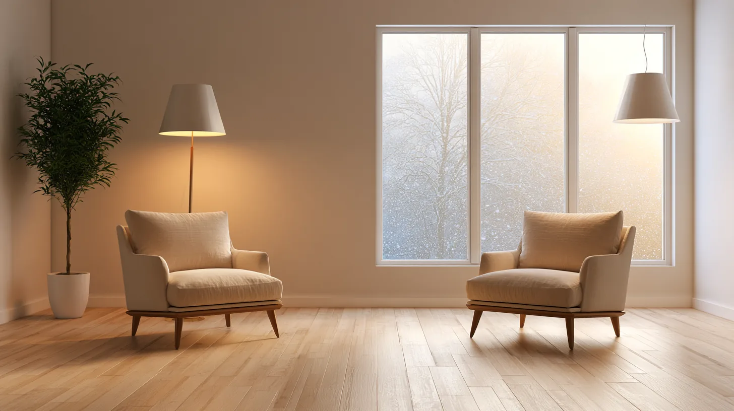 A cozy home office with two armchairs, a floor lamp, and large windows showing a soft, natural light.