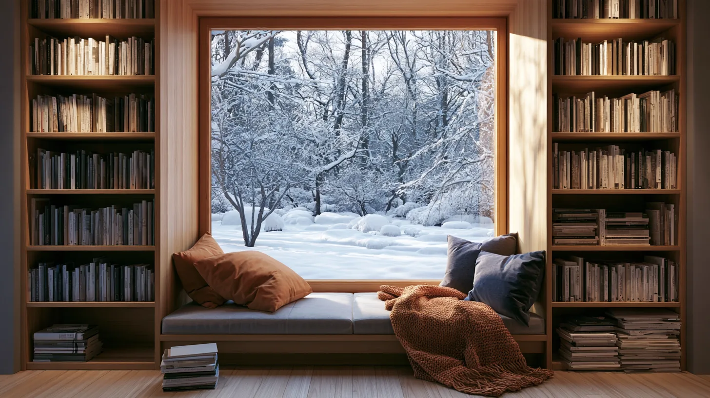 A cozy home office with a window showing a snowy landscape, surrounded by bookshelves and soft cushions.