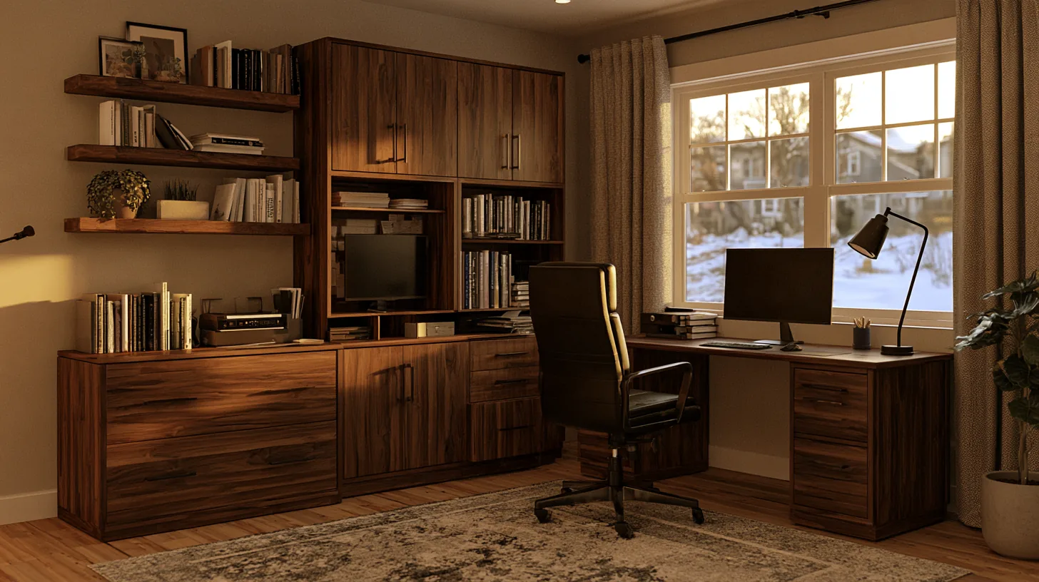 A cozy home office featuring a wooden desk, shelves with books, and a large window allowing natural light to fill the room.