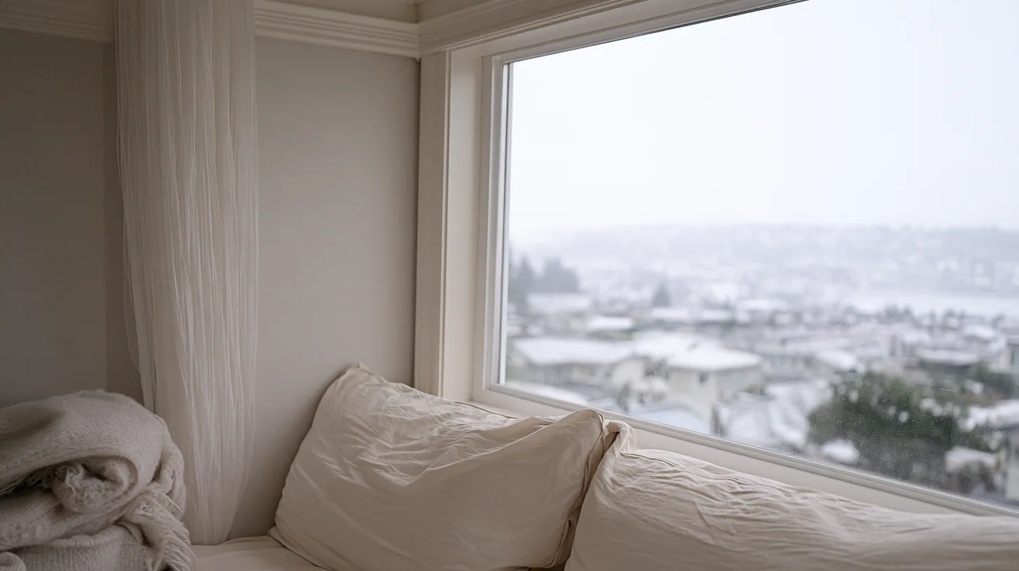 A cozy indoor scene featuring soft cushions and a large window with a snowy landscape outside.