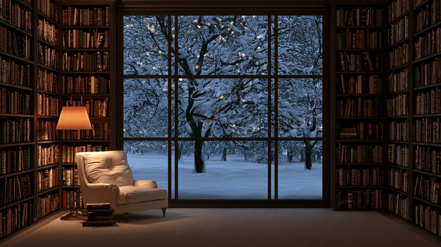A cozy library with filled bookshelves and a chair, featuring a snowy landscape visible through large windows.