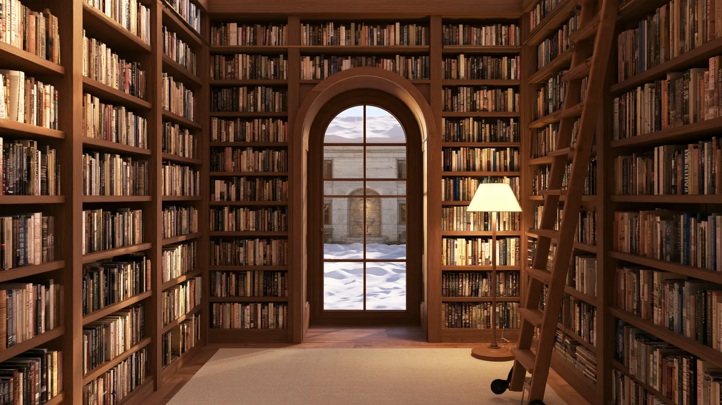 A cozy library with floor-to-ceiling bookshelves, a window showing snow outside, and a warm lamp illuminating the space.