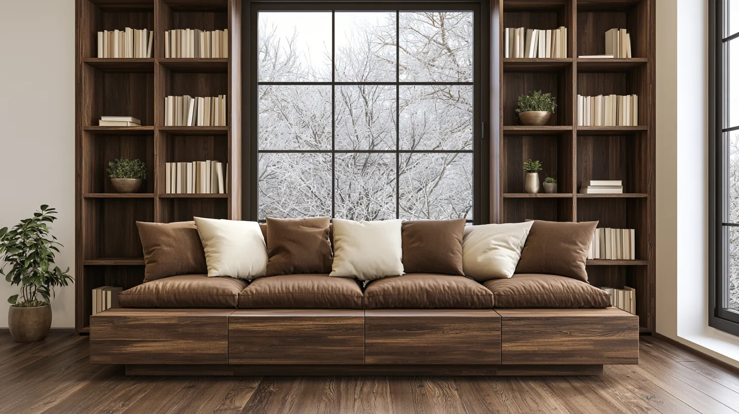 A cozy living room featuring a brown leather sofa, bookshelves filled with books, and a snowy view through large windows.