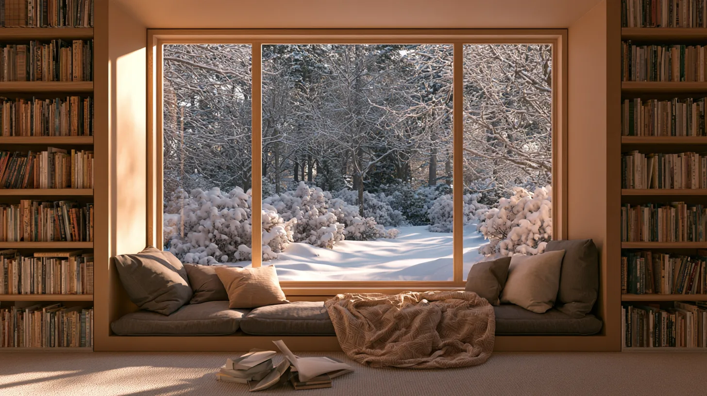 A cozy living room with a large window revealing a snowy landscape, featuring a comfortable seating area and bookshelves.