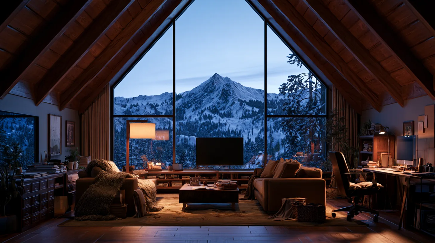 A cozy living room with a large window revealing a snowy mountain landscape, featuring soft seating and warm lighting.