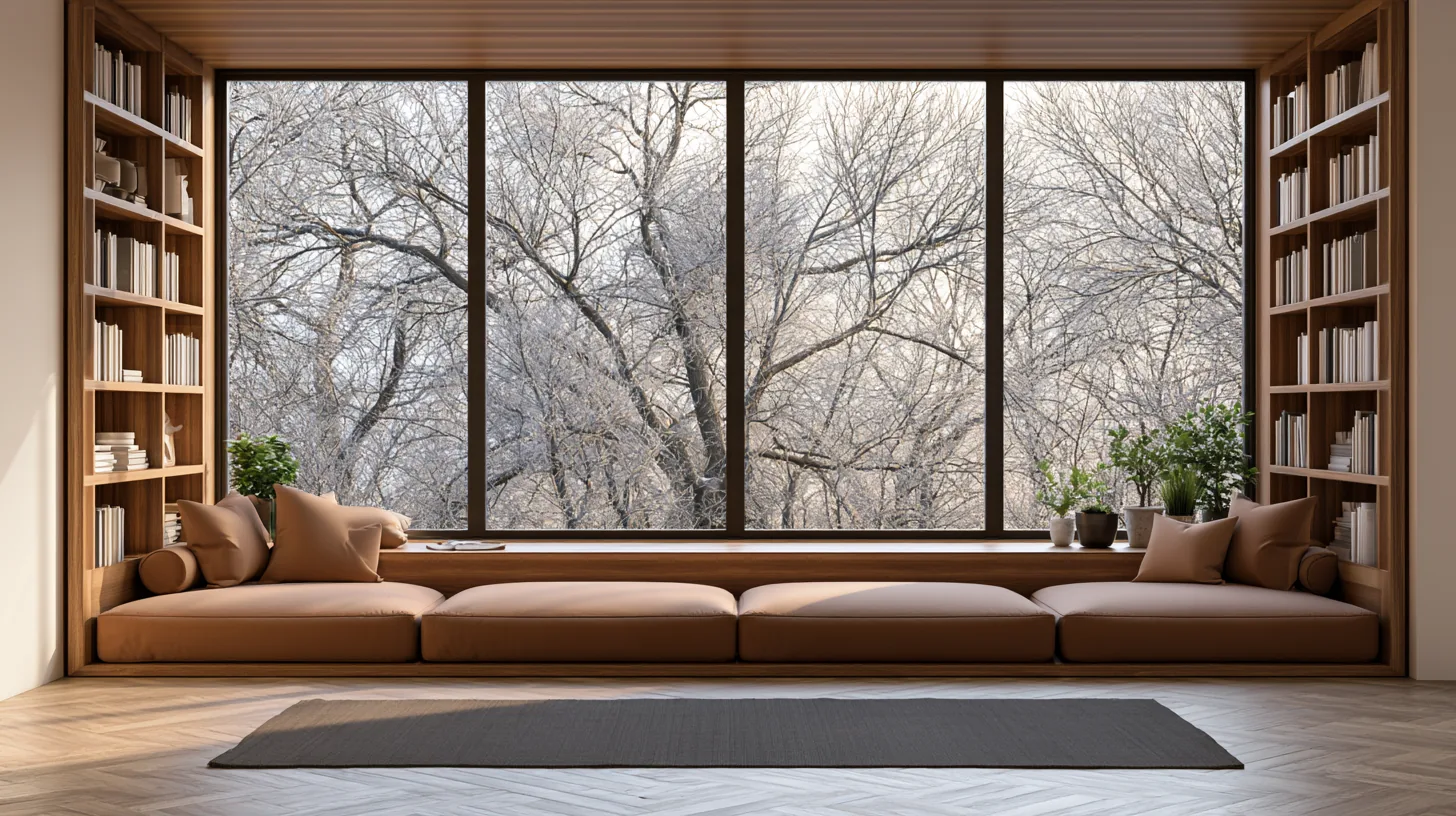 Cozy living room with large windows showcasing a view of bare trees, featuring a comfortable seating area and plants.