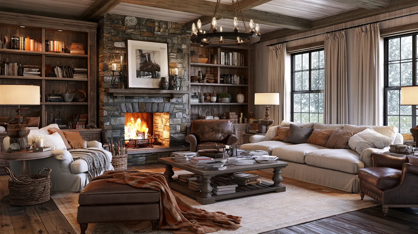 A cozy living room featuring a stone fireplace, comfortable seating, and warm lighting, perfect for a relaxed atmosphere.