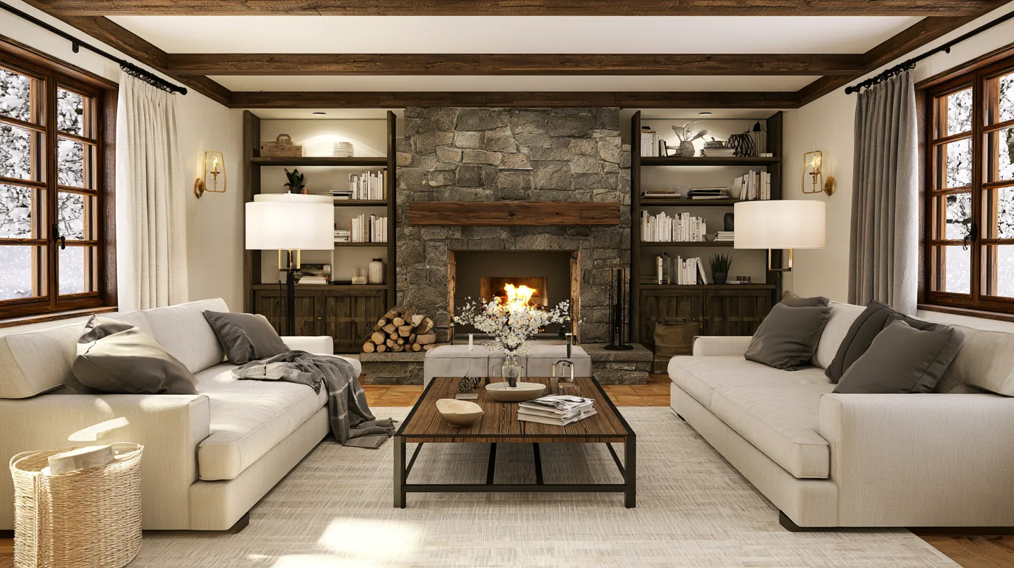 A cozy living room featuring a stone fireplace, two sofas, and wooden shelves filled with books.