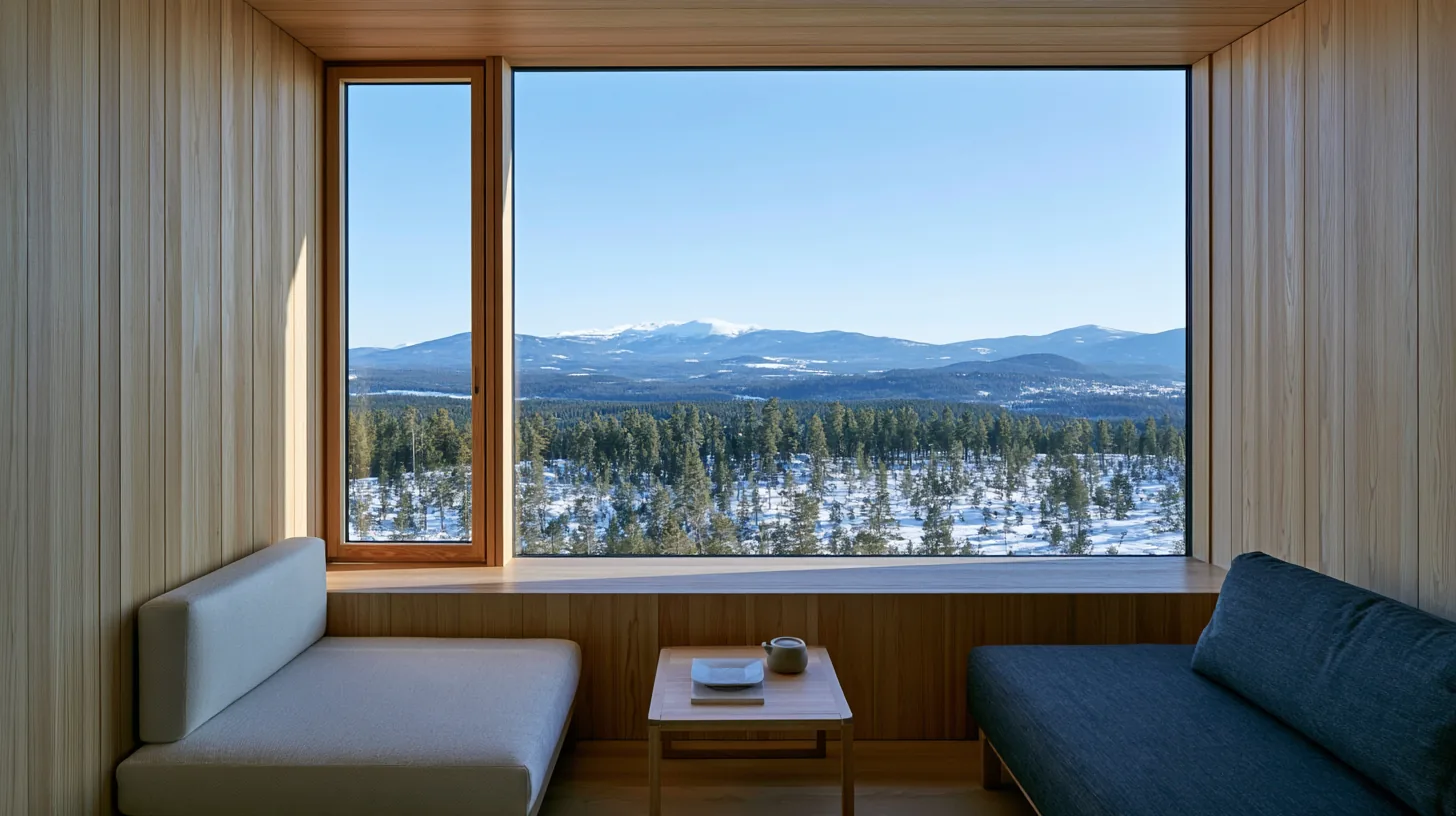 Cozy living room with two sofas and large windows showcasing a mountain landscape and forest view.