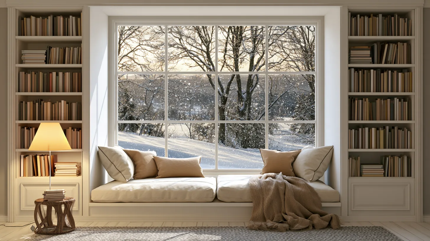 A cozy reading nook with a window showing a snowy landscape, surrounded by bookshelves and soft cushions.