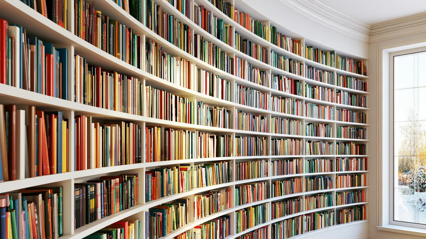 Curved bookshelf filled with colorful books, providing a sophisticated backdrop for professional settings.