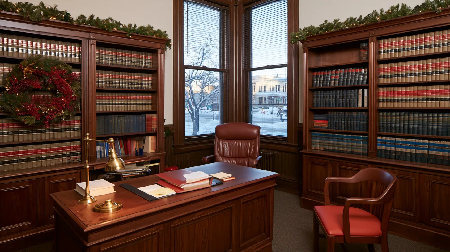 An elegant executive office with wooden bookshelves, a desk, and a chair, featuring large windows and a view of the outdoors.
