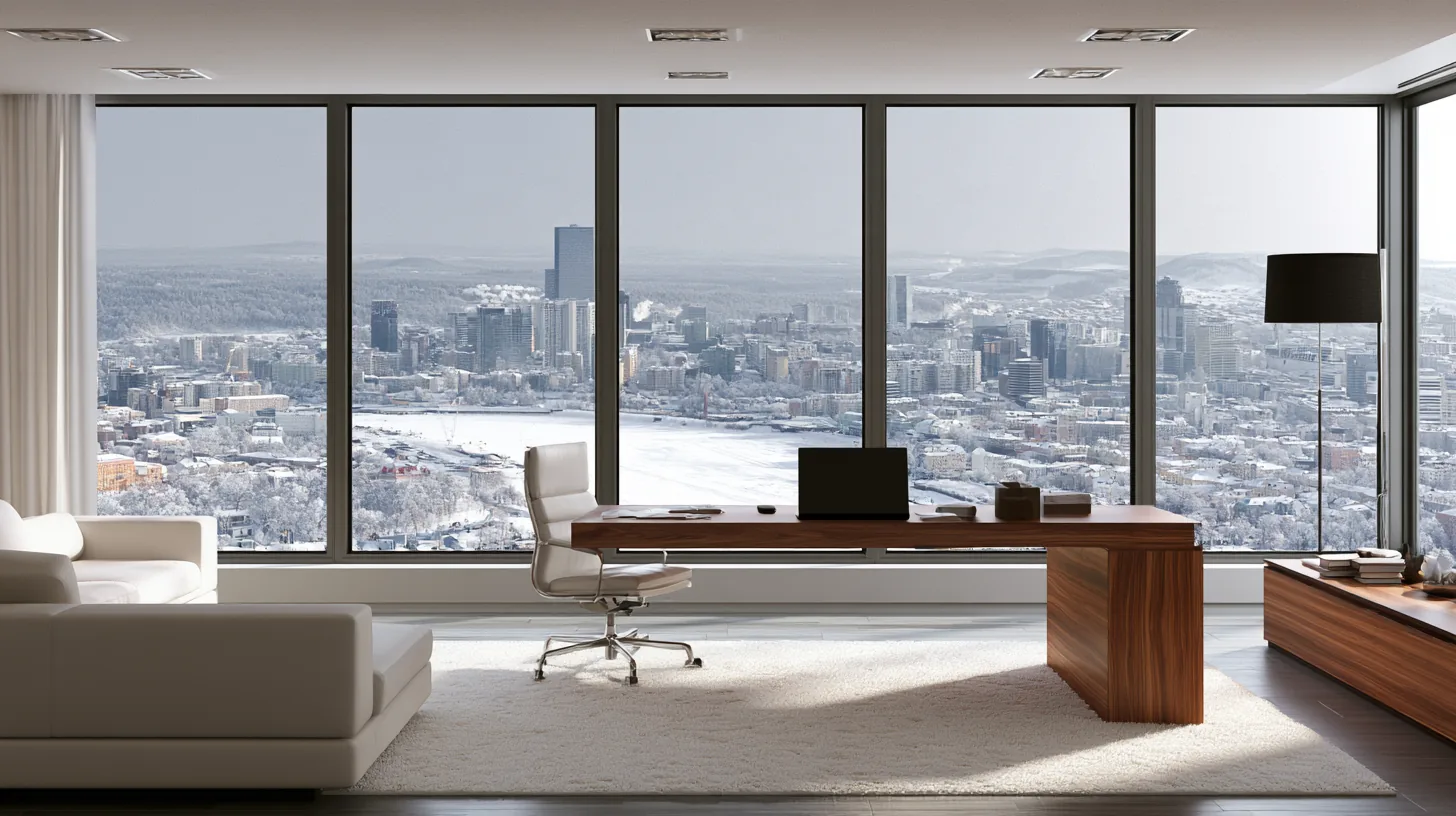 Executive office with a large window overlooking a snowy city, featuring a desk and chair, creating a professional atmosphere.