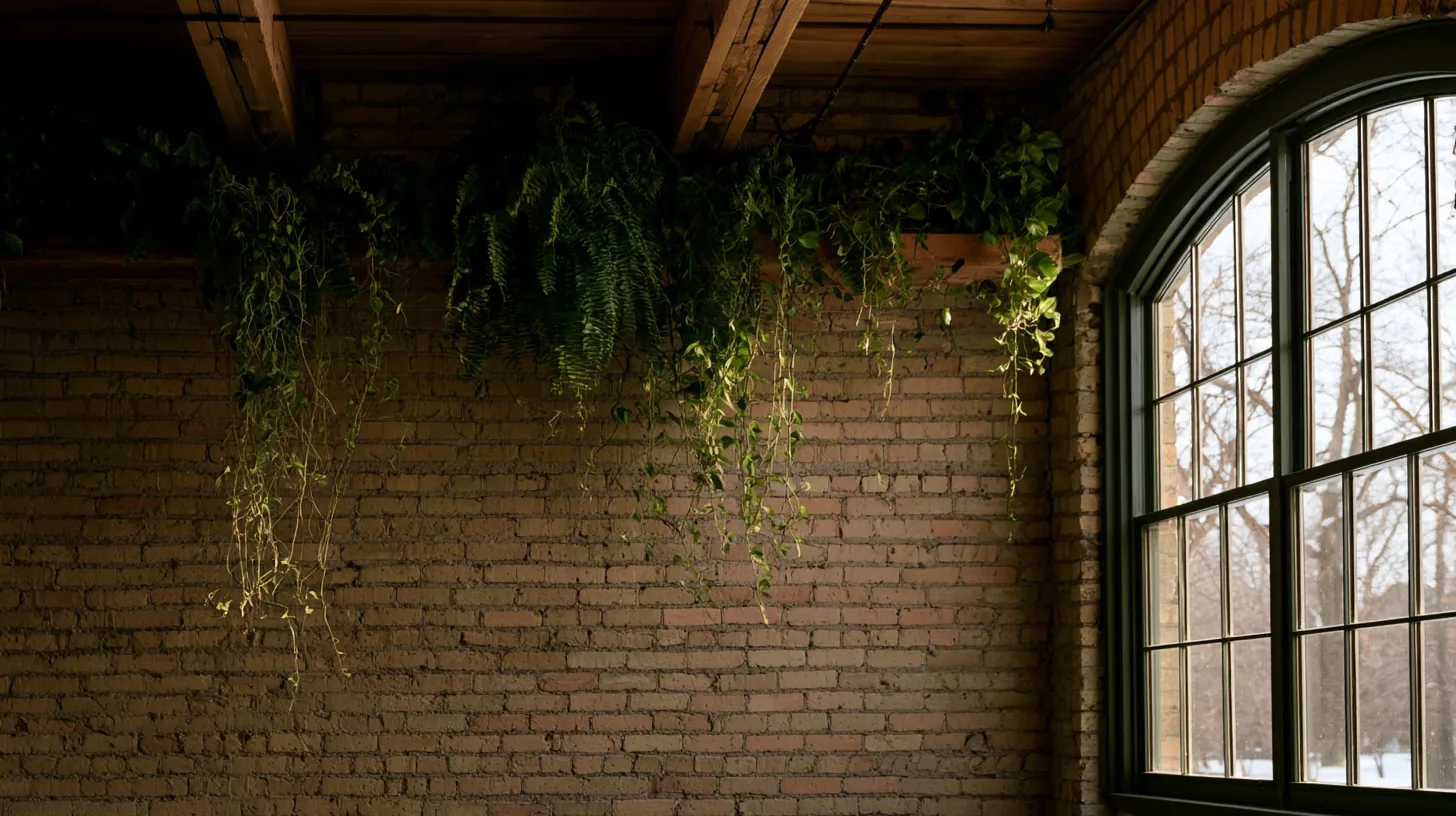 Exposed brick wall with hanging greenery and large windows in an industrial loft space.
