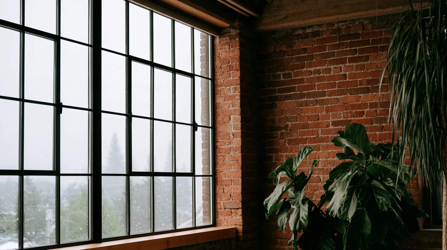 Exposed brick wall with large industrial windows and a green plant in an urban loft setting.