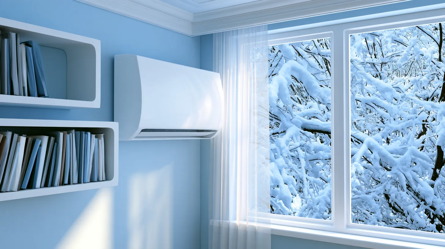 Home office with blue walls, bookshelves, and a snowy view outside the window.