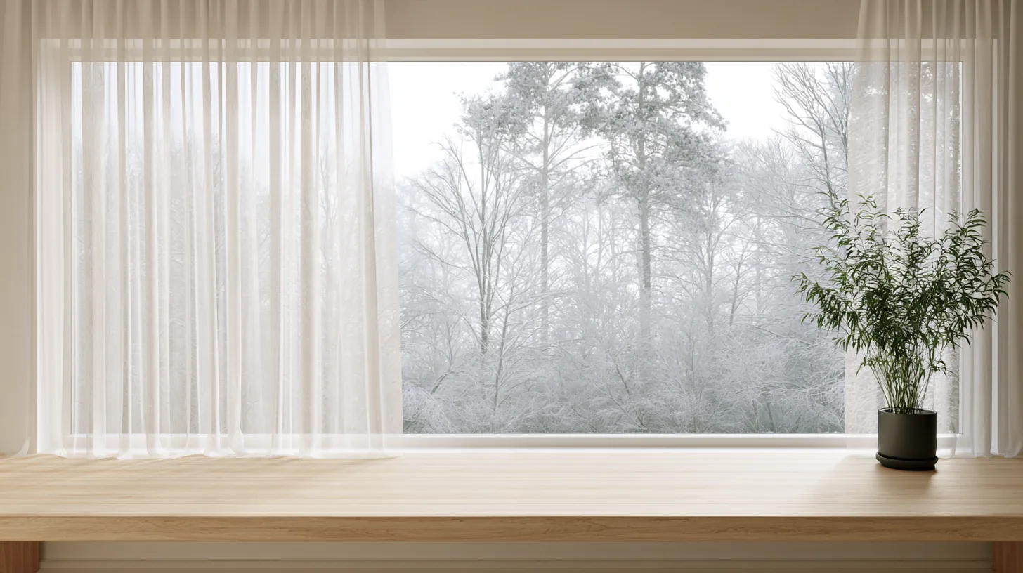 Home office with a frosted window view of trees and a potted plant on a wooden desk.
