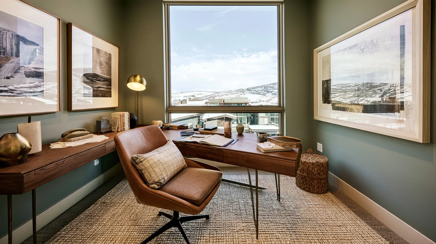 Home office setup with a modern desk, stylish chair, and artwork, featuring a scenic view through a large window.