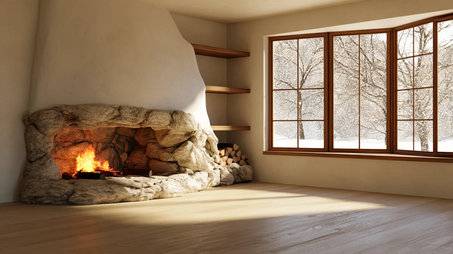 Home office with a stone fireplace and large windows revealing a snowy scene outside.