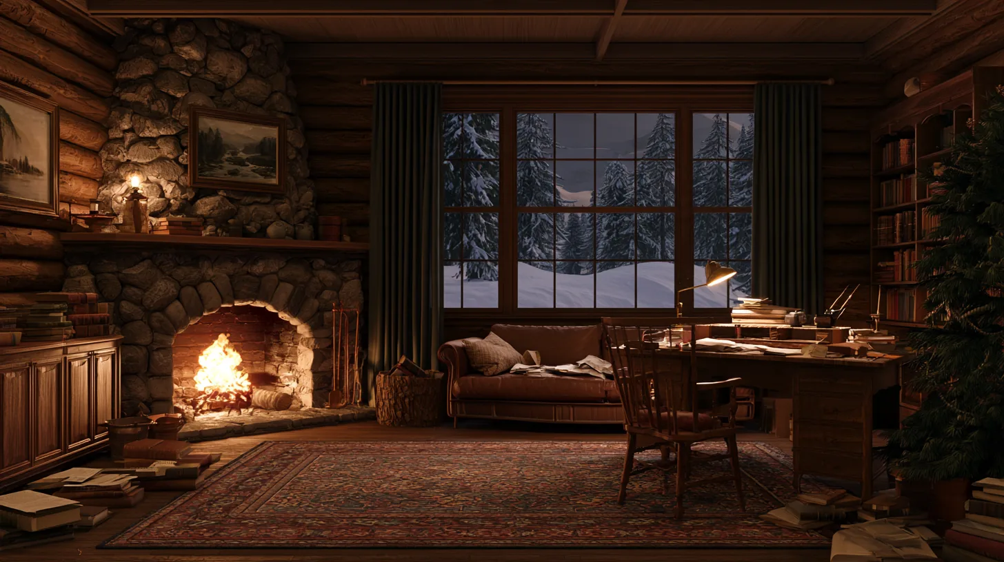 Home office with a stone fireplace, wooden desk, and snowy landscape visible through the window.