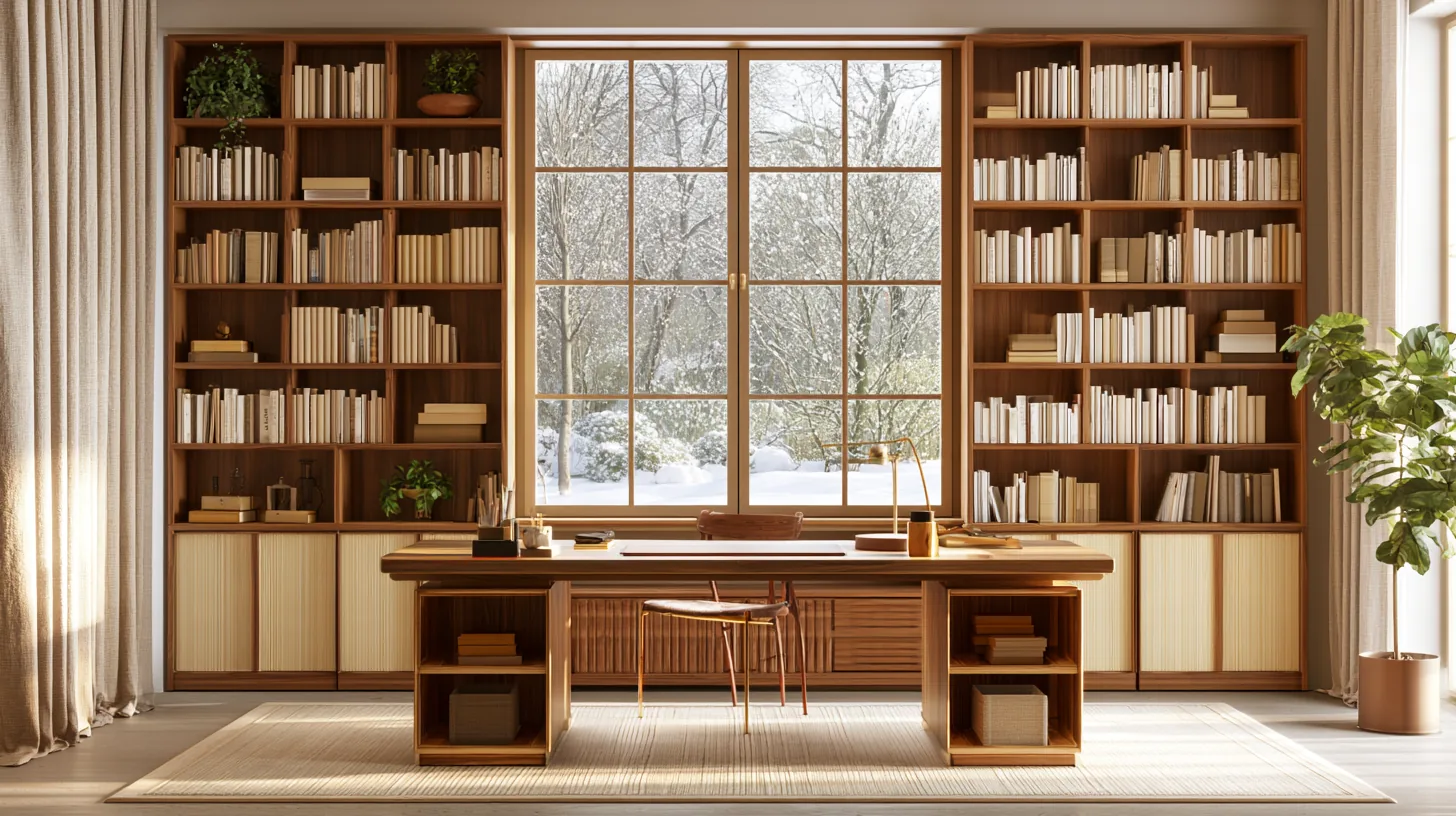 Home office with wooden desk, bookshelves filled with books, and a snowy landscape outside the window.
