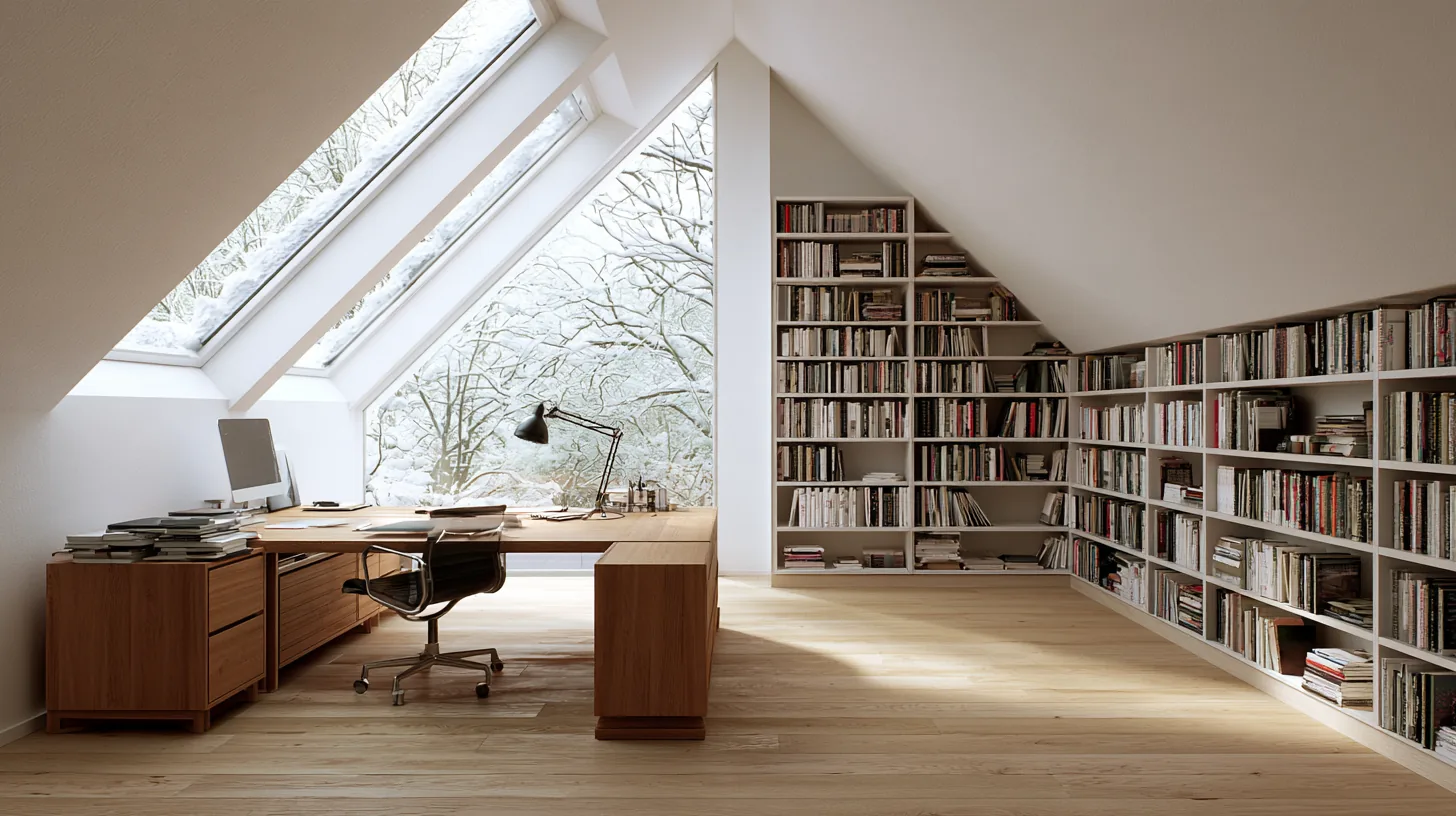 Home office with a wooden desk, bookshelves, and large windows showing a snowy landscape outside.