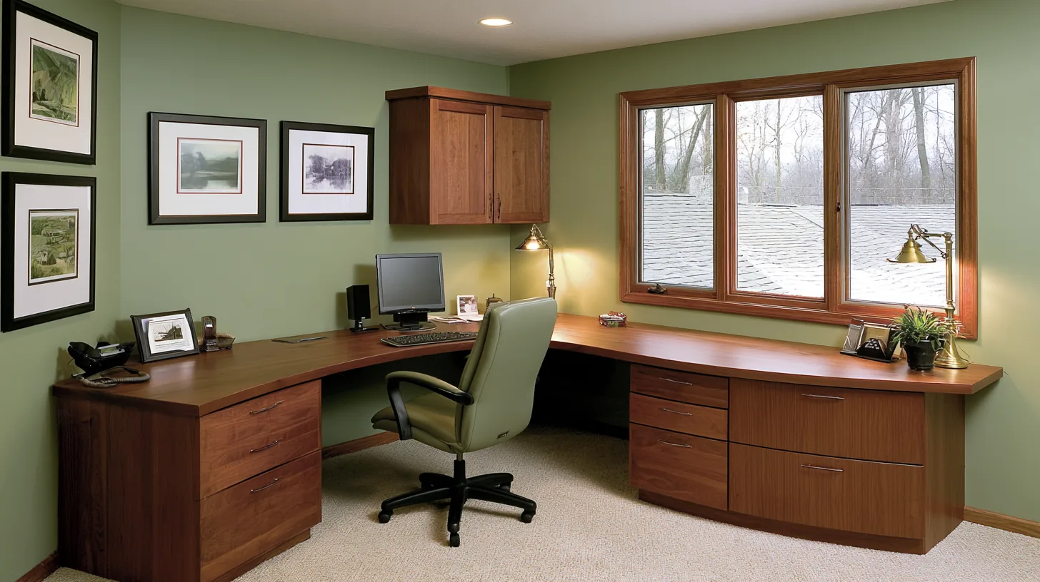Home office with wooden desk, green walls, and a window providing natural light.