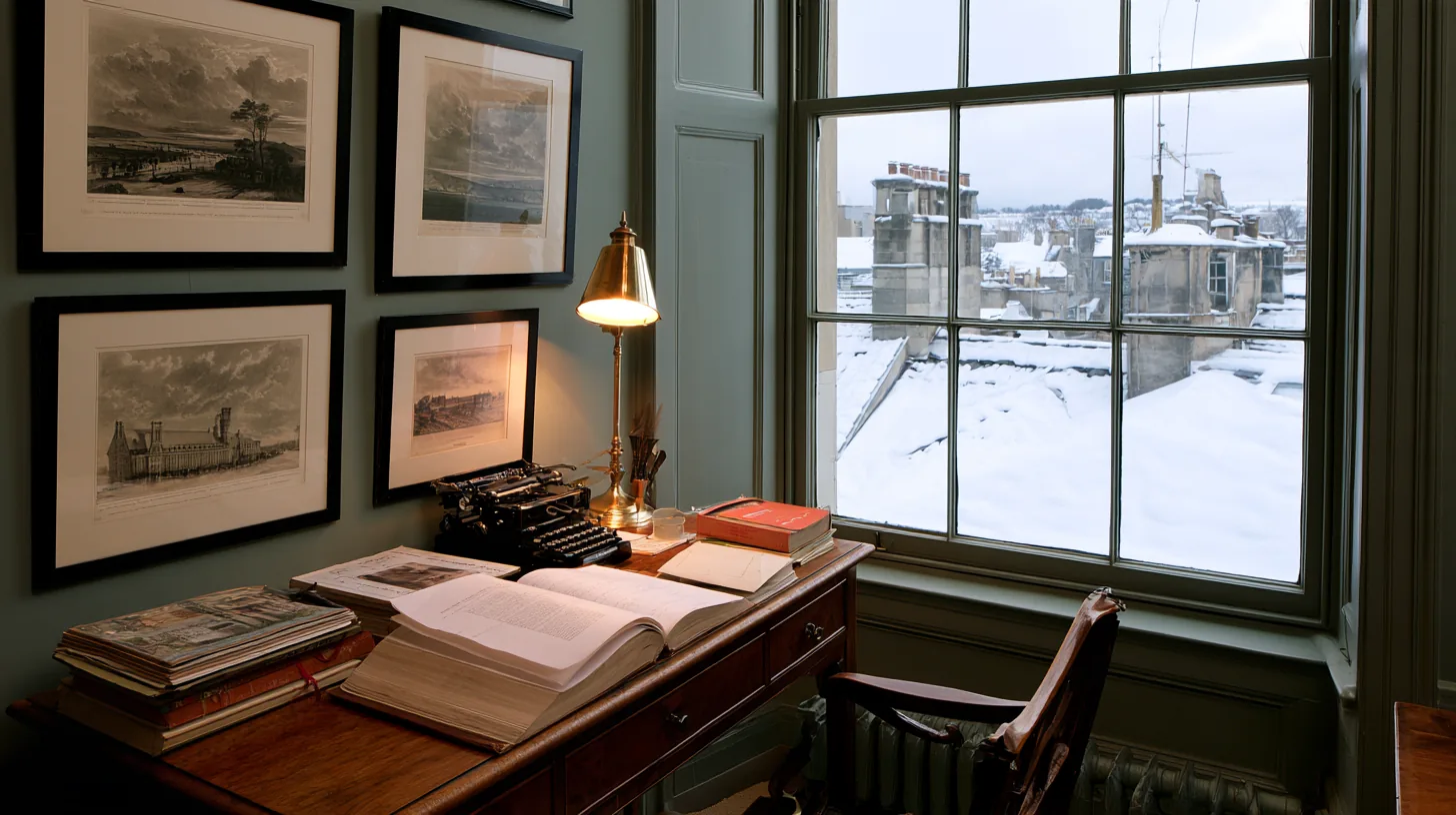 Home office with a wooden desk, lamp, and snowy landscape visible through the window.