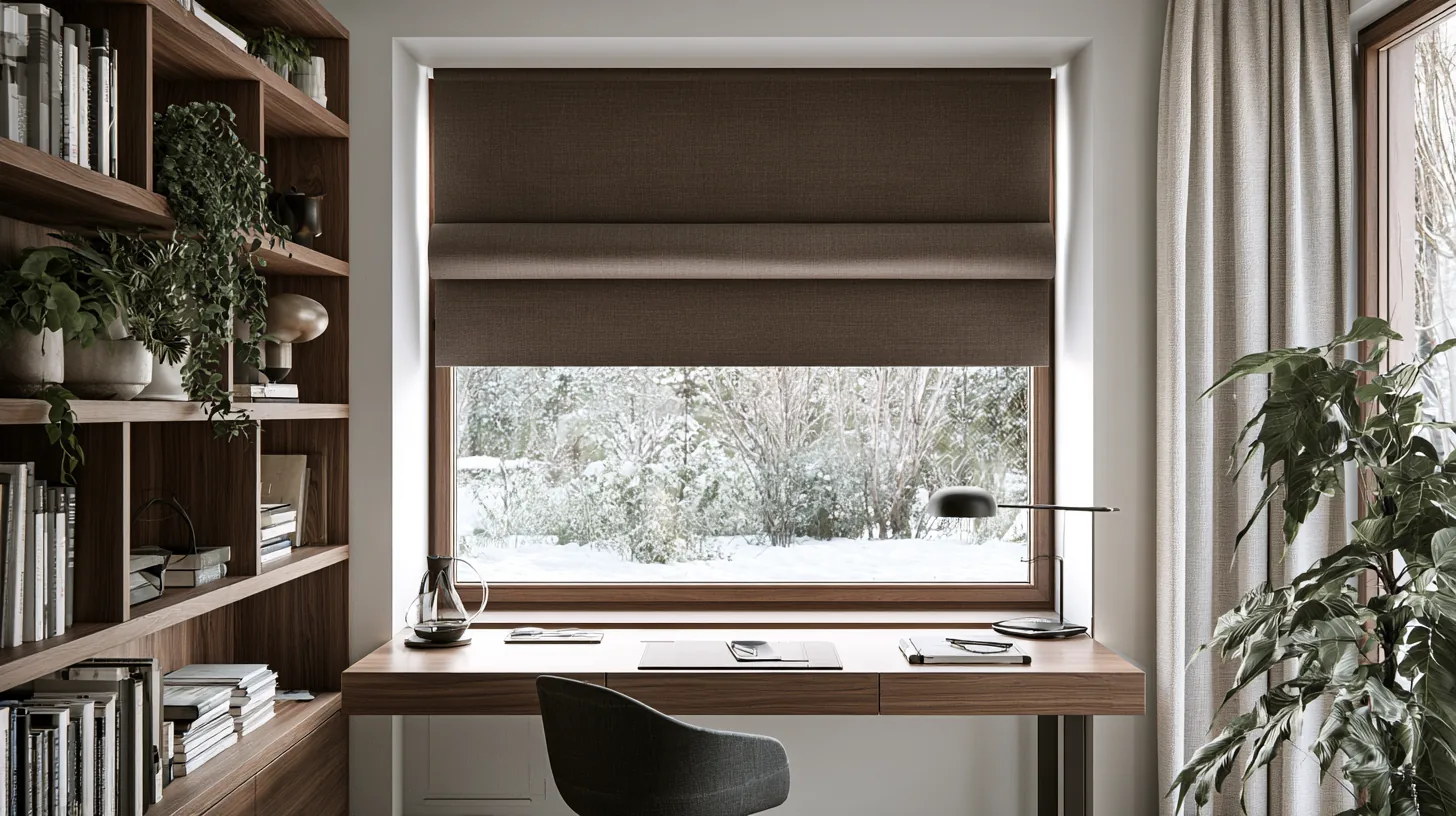 Home office with a wooden desk, a large window showing a snowy landscape, and a cozy chair, designed for professional use.