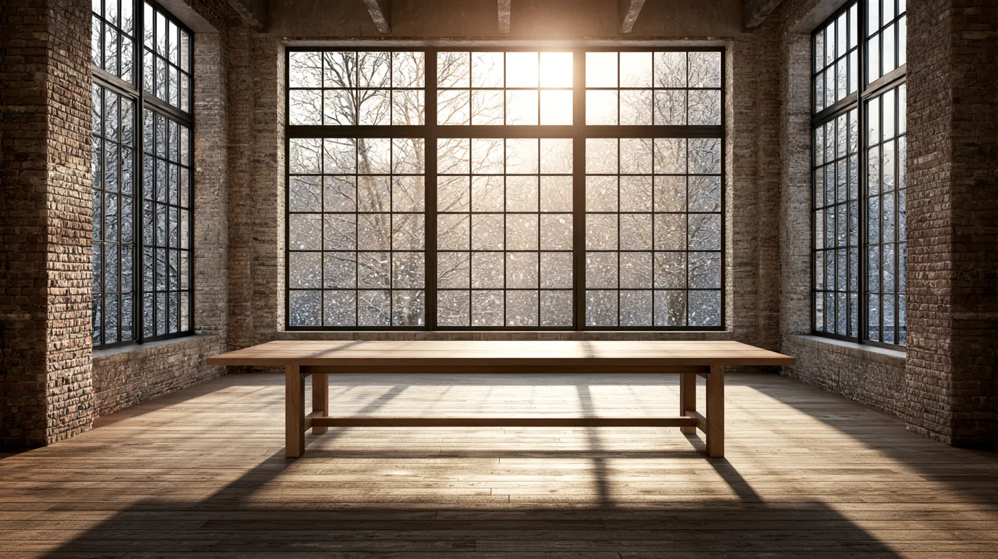 An industrial loft featuring large windows with sunlight streaming in, illuminating a wooden table and wooden floor.