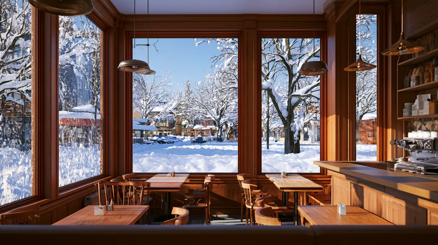 Interior of a coffee shop featuring wooden tables and a snowy landscape visible through large windows.