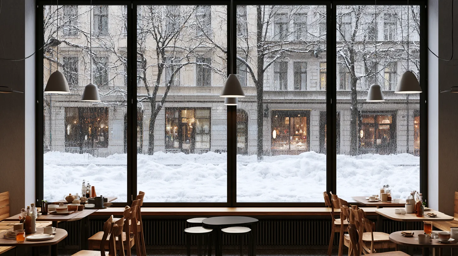 Interior of a cozy cafe with wooden furniture and a snowy landscape visible through large windows.
