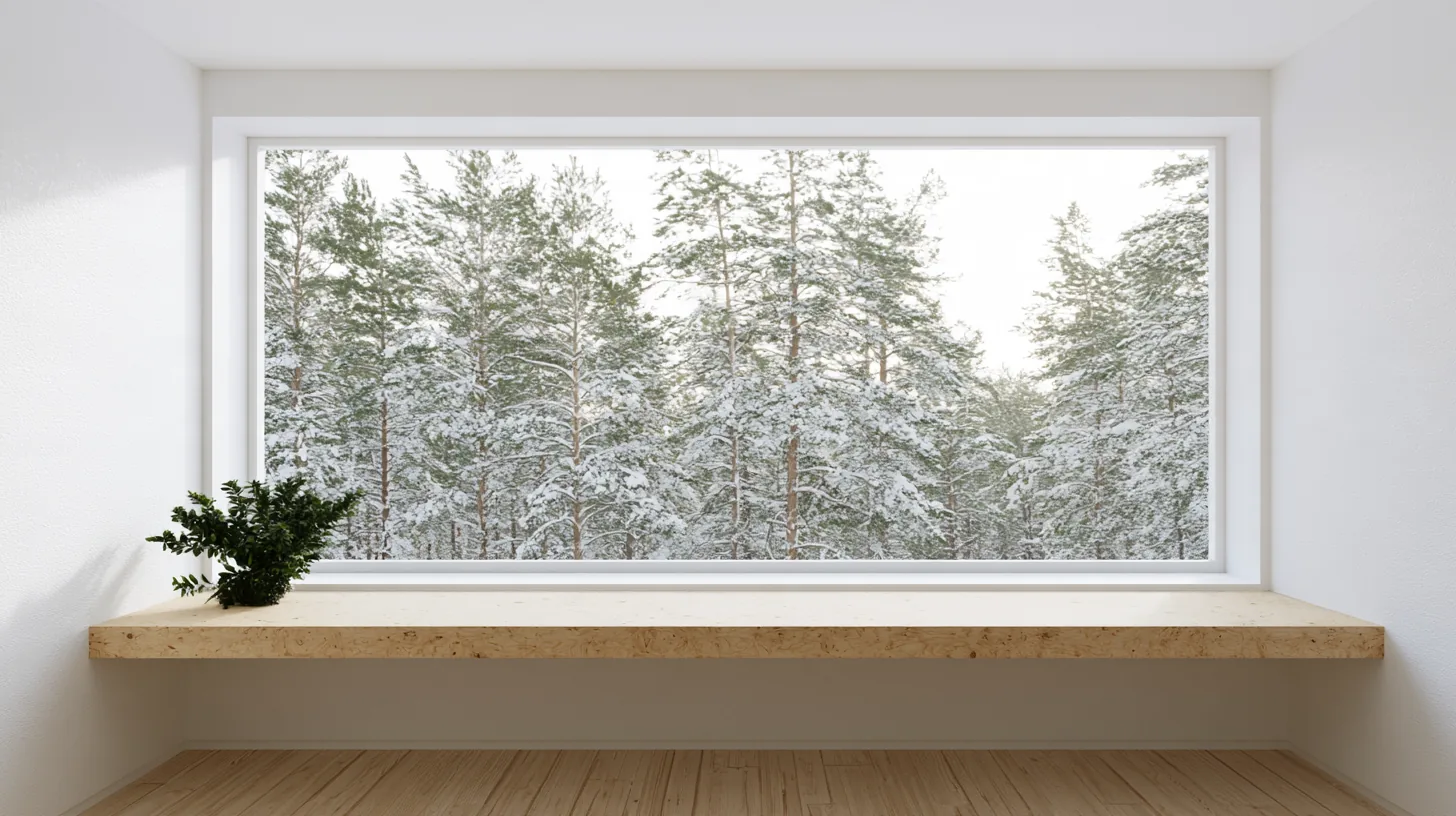 Large window showcasing a snowy forest scene with evergreen trees and a minimalist interior.