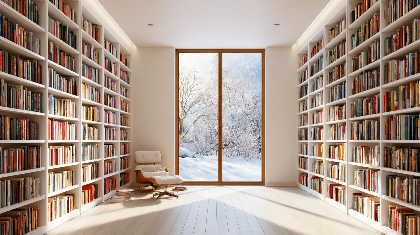Library with floor-to-ceiling bookshelves and a snowy landscape visible through large windows.