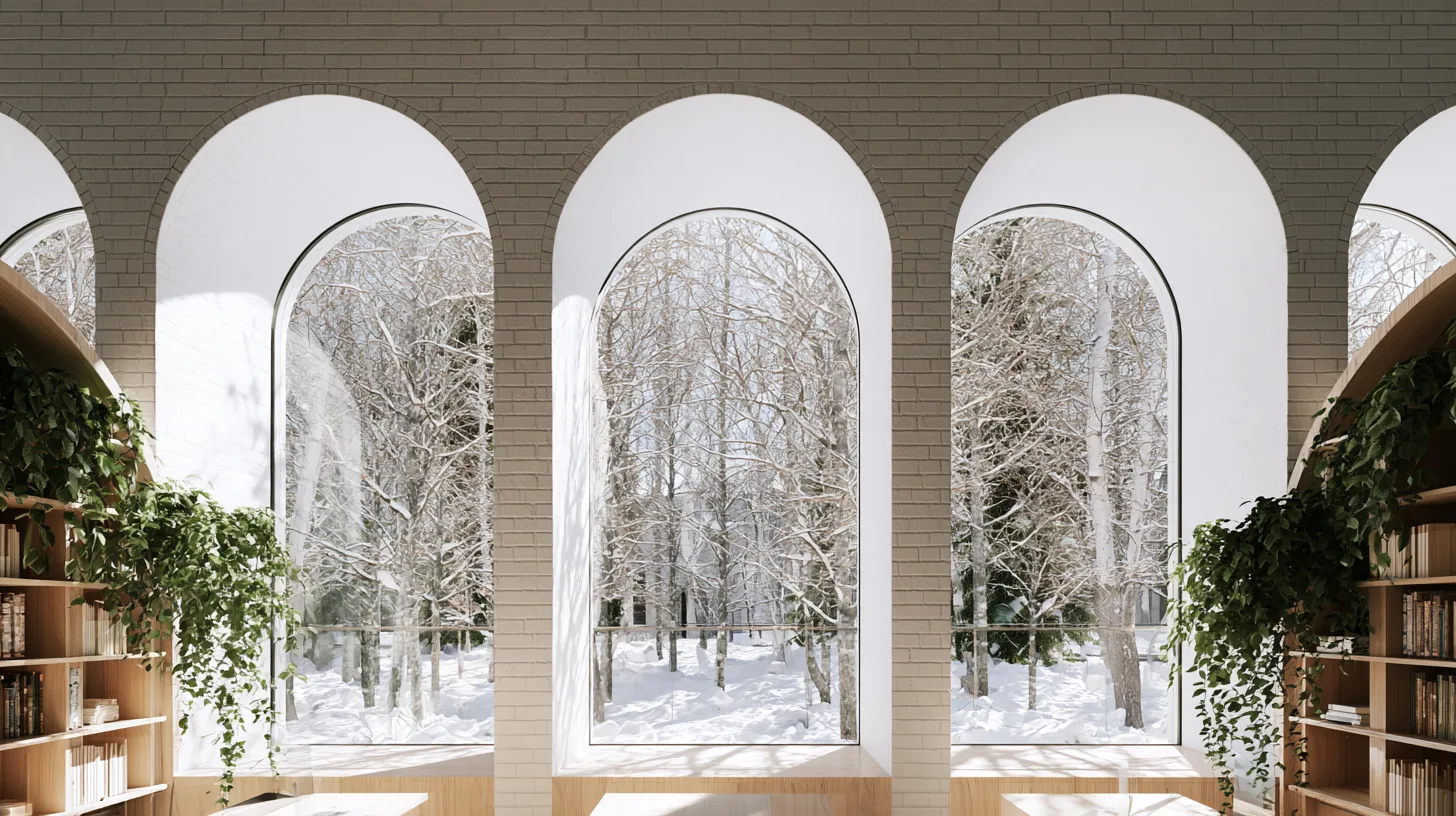 Library interior with arched windows showcasing a snowy landscape outside, surrounded by bookshelves and greenery.