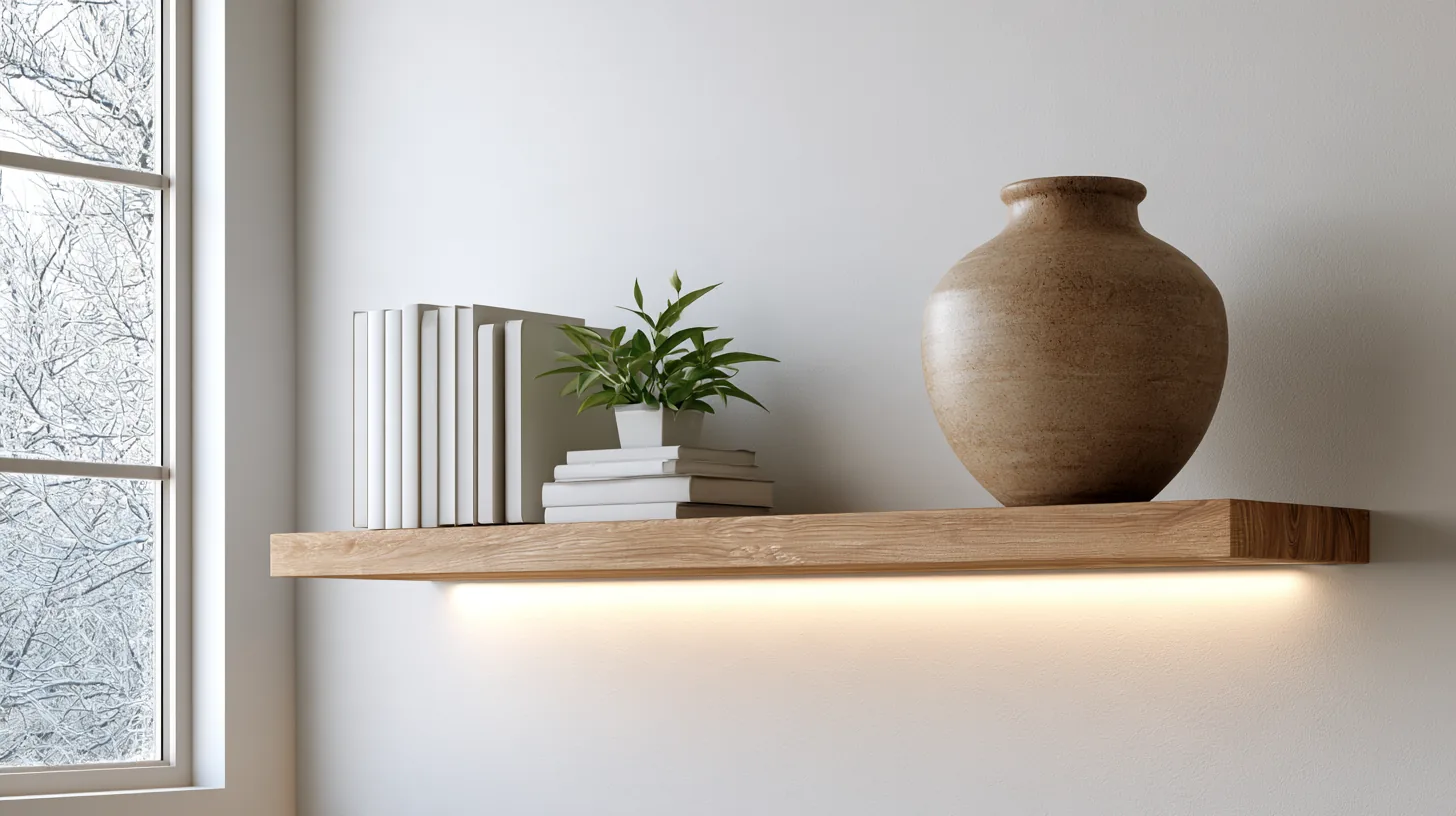 A minimalist wall shelf displaying books, a plant, and a decorative vase against a neutral wall.