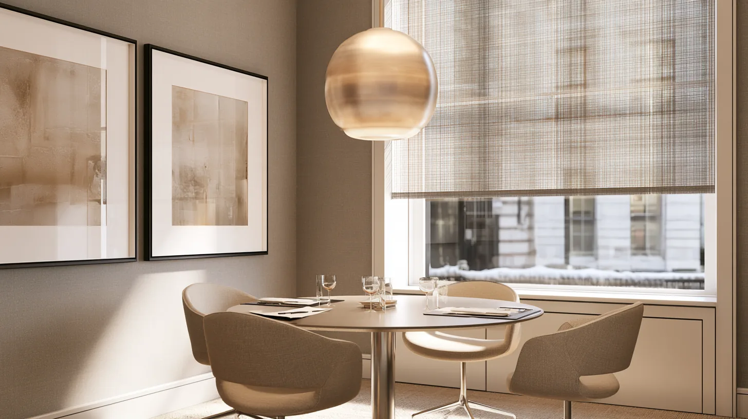 A modern executive meeting space with a round table, stylish chairs, and soft natural light streaming through a window.