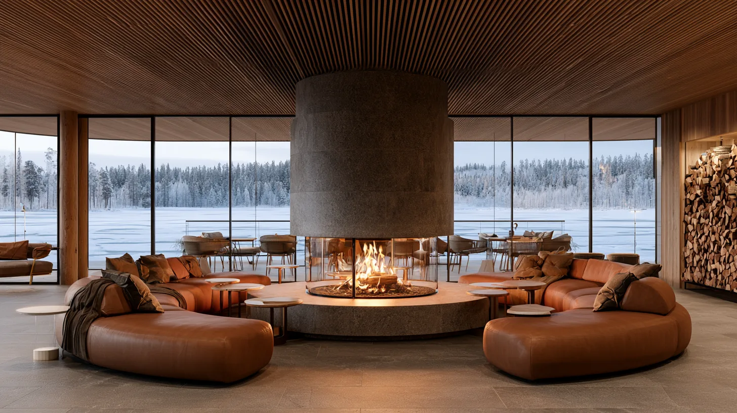 Modern executive office with a central fireplace and large windows revealing a snowy landscape.