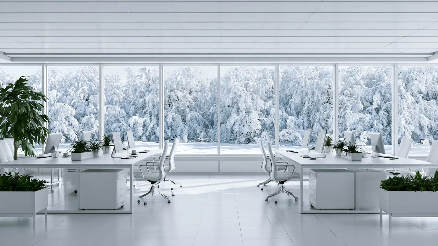 Modern office interior with white furniture and large windows revealing a snowy outdoor scene.