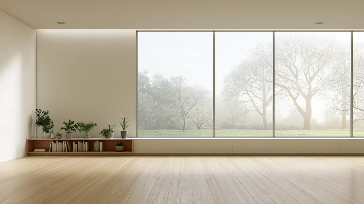Modern office space with large windows, wooden flooring, and minimal decor, featuring a view of trees outside.