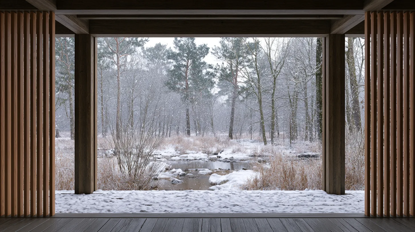 A modern structure with wooden beams frames a snowy landscape featuring trees and a frozen stream.