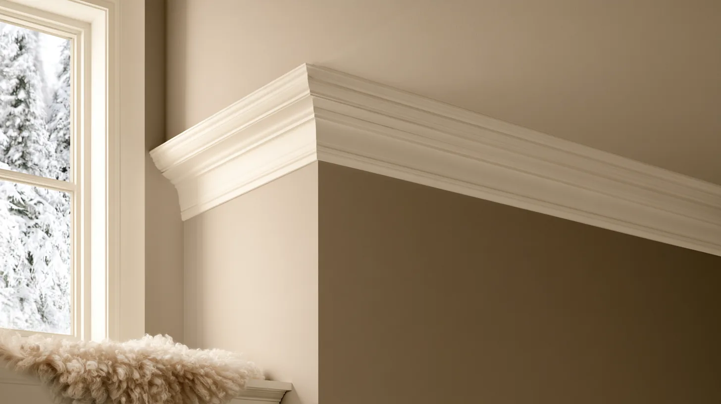 Neutral wall with crown molding and a window showing a snowy landscape outside.