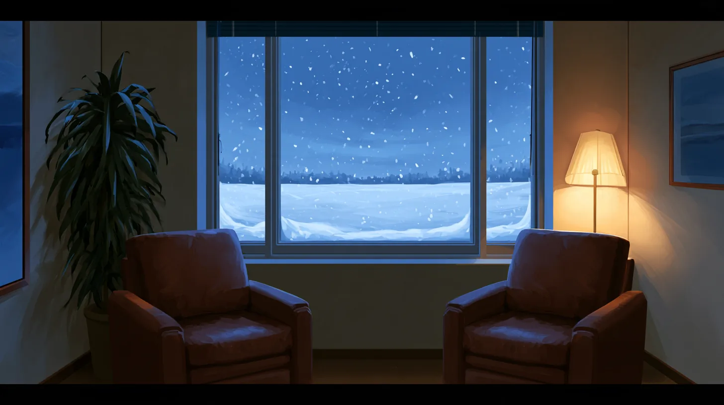Office space with two armchairs and a snowy landscape visible through a large window, creating a cozy atmosphere.