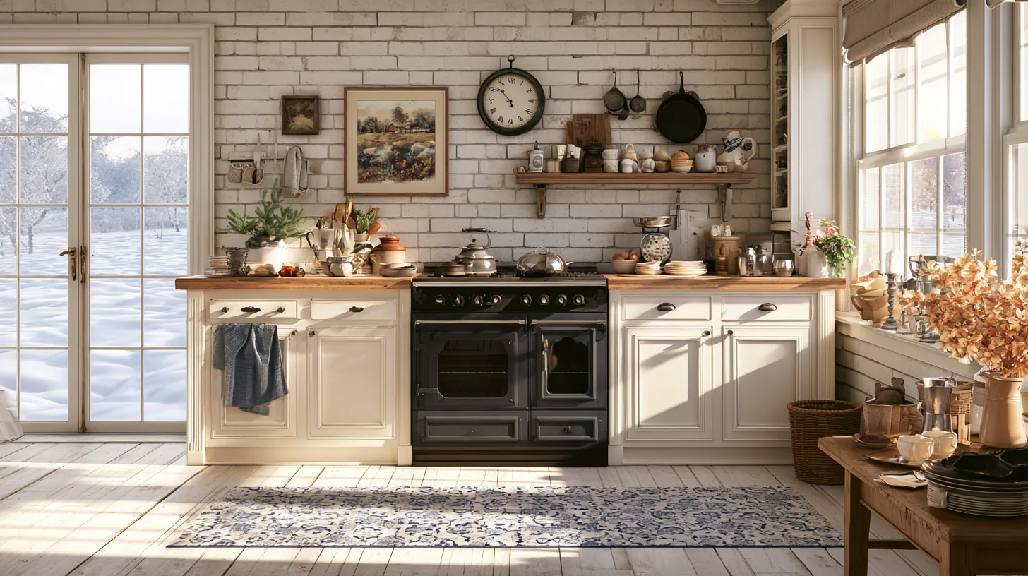 A rustic kitchen with a vintage stove, wooden shelves, and a snowy landscape visible through large windows.