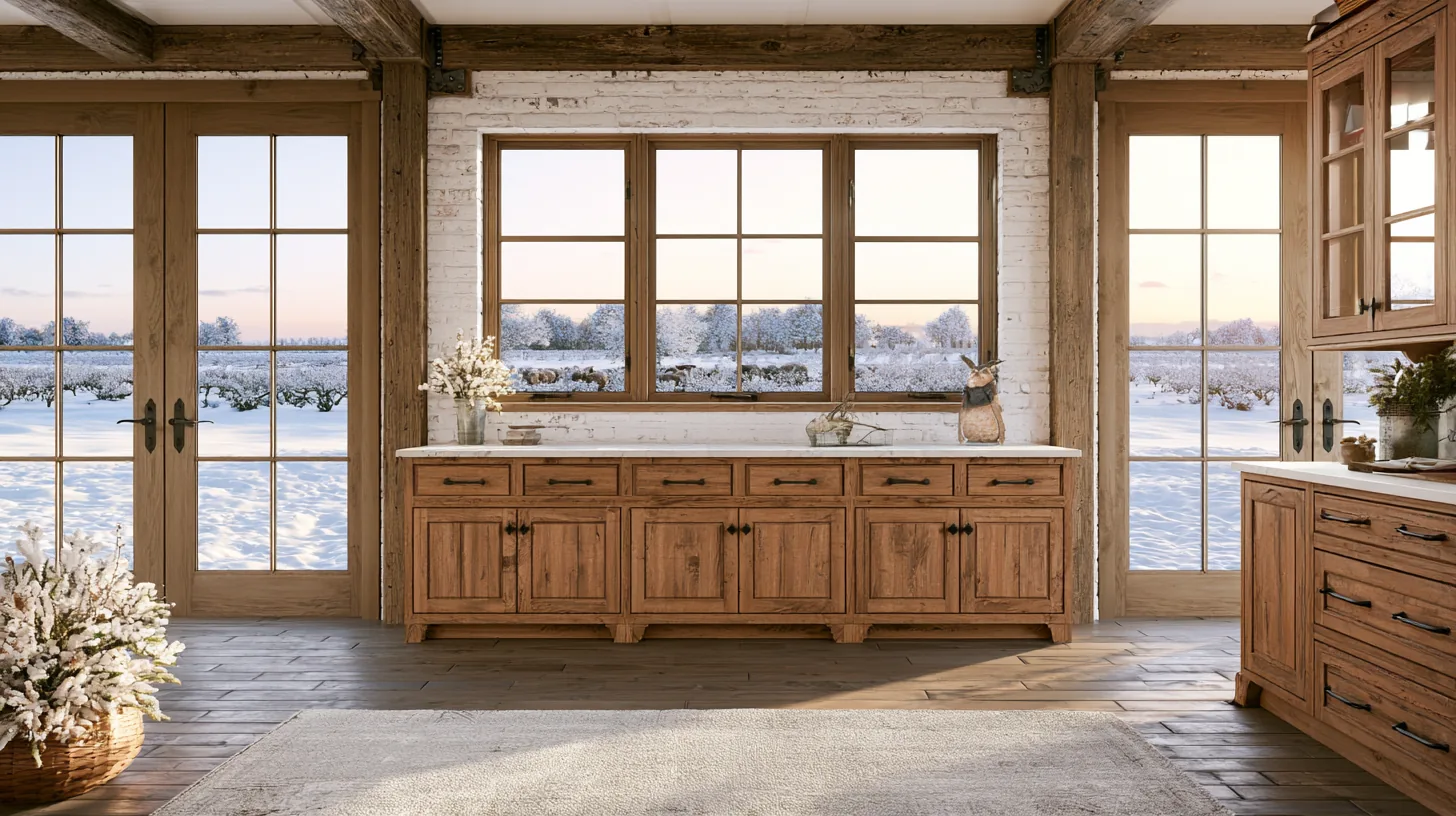 Rustic wooden furniture in a cozy winter setting with snow visible through large windows.
