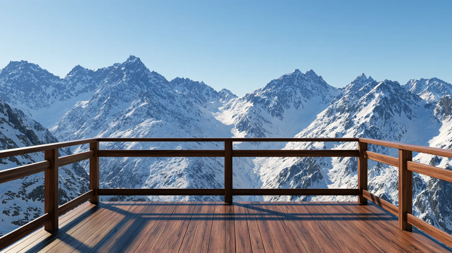 Scenic view of snow-covered mountains from a wooden deck, clear blue sky above.