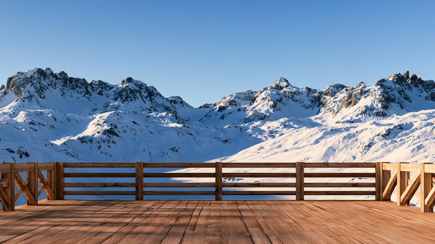Scenic view of snow-covered mountains from a wooden deck, perfect for corporate video calls.