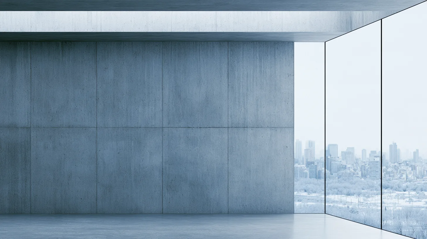 Sleek concrete office space with large windows showcasing a city view, designed for professional use.