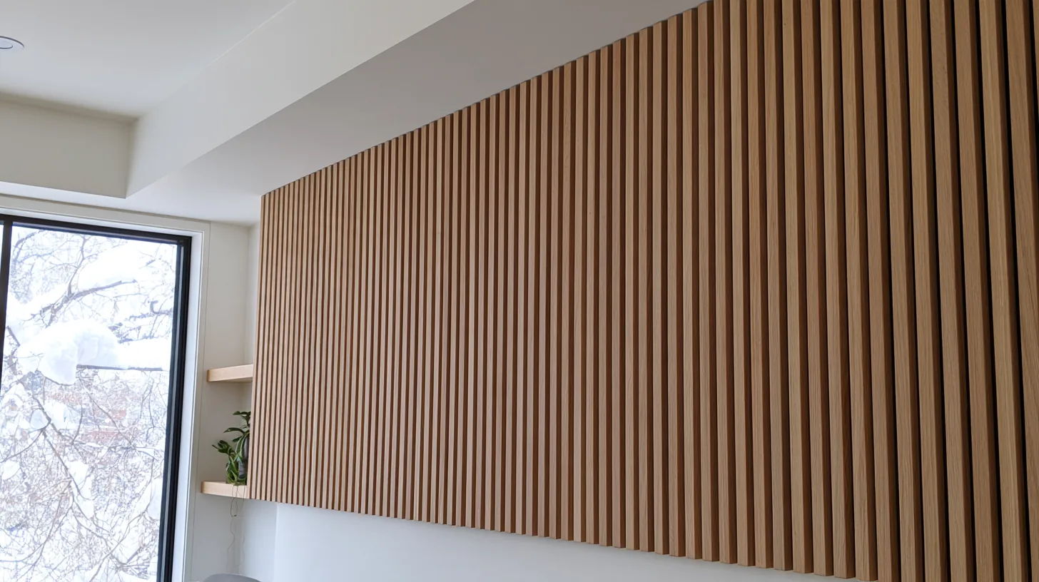 Sleek wood paneling on a wall with a large window showing snow outside, creating a warm and professional atmosphere.