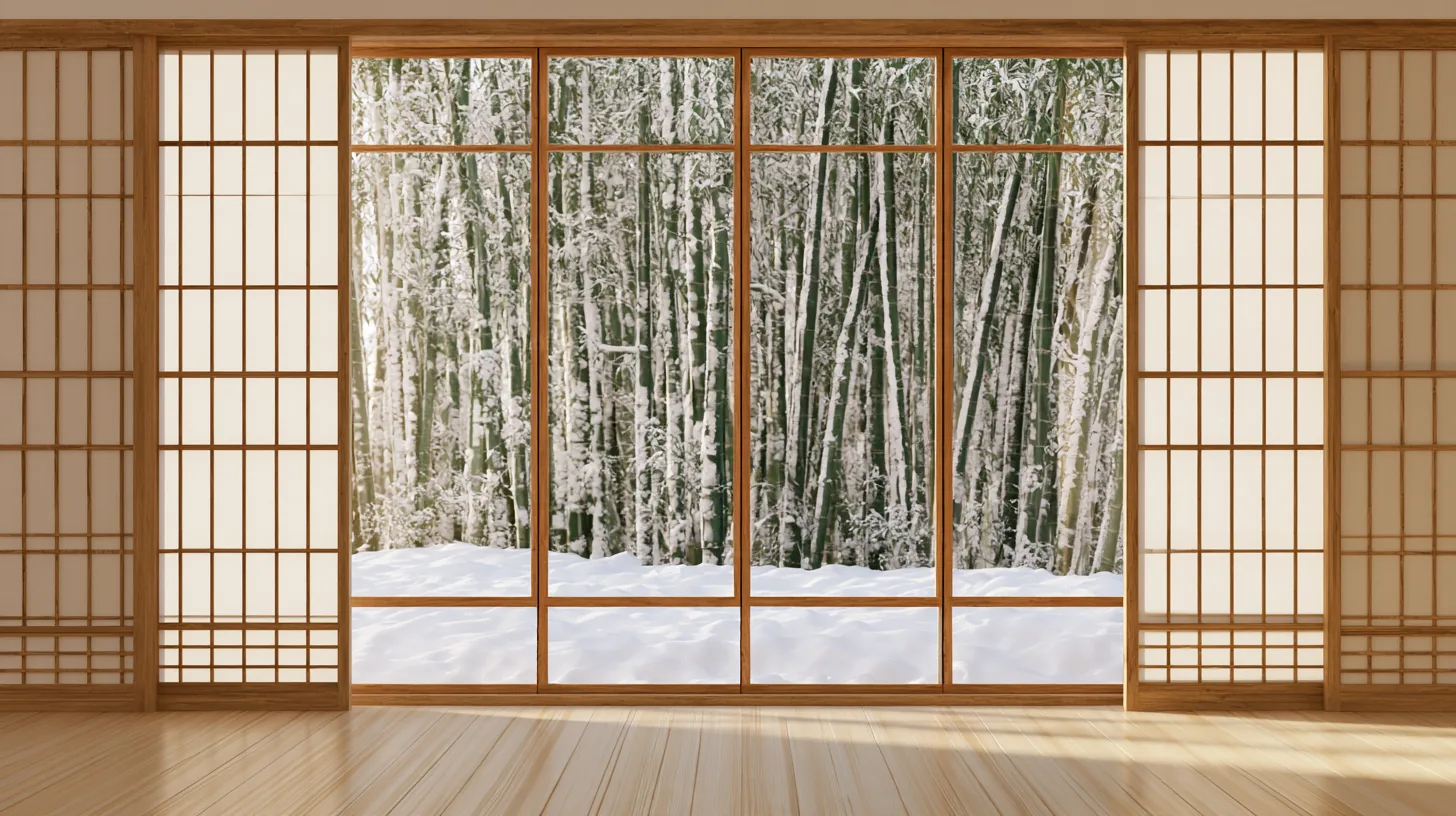 Snow-covered bamboo visible through a large window, creating a serene atmosphere for professional settings.